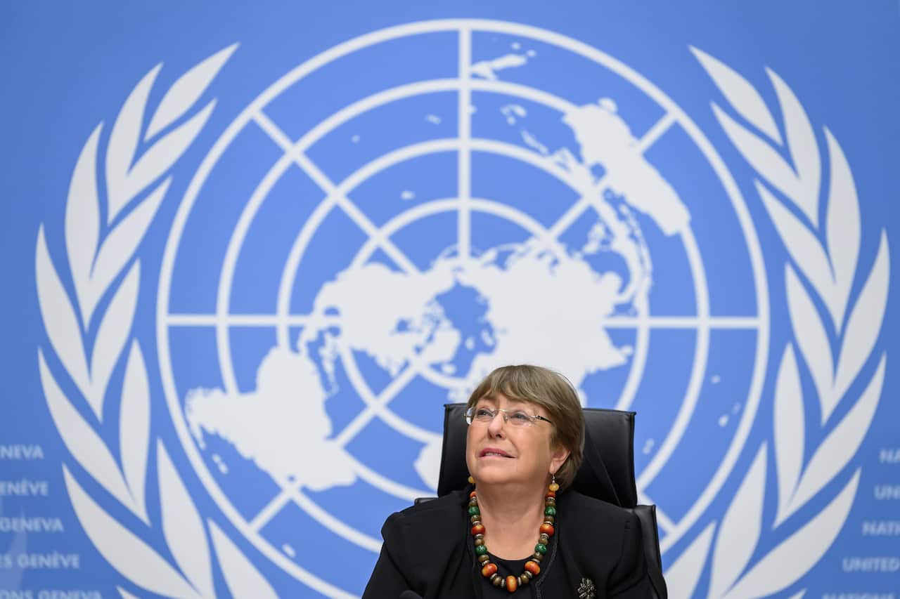 UN High Commissioner for Human Rights Michelle Bachelet looks on prior to a press conference in Geneva.