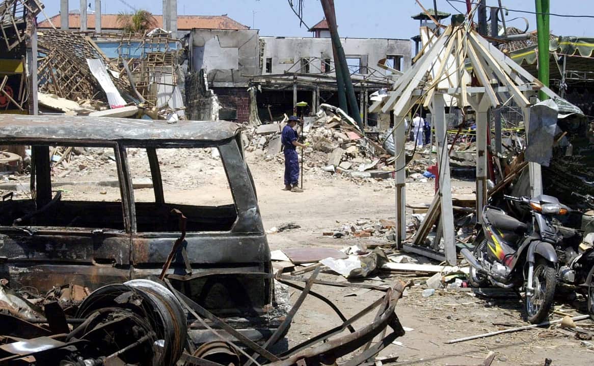 2002: The aftermath after a bomb ripped through the the Sari Club (in the background).