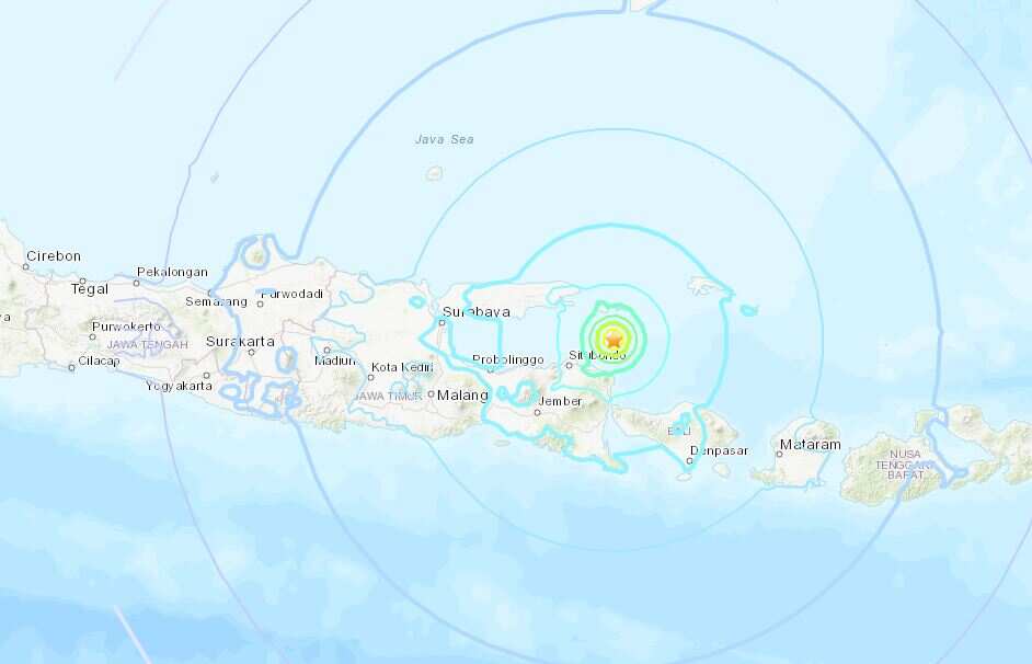 The USGS put the epicentre as 40 km (25 miles) northeast of Sumberanyar on nearby Java island.