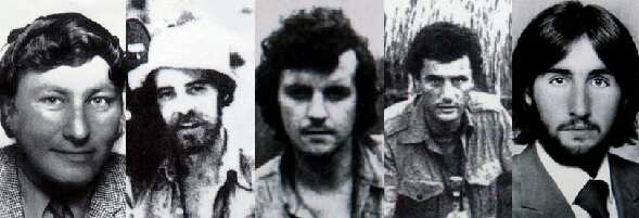 The Balibo Five, from left to right - Gary Cunningham, died aged 27; Brian Peters, died aged 24; Malcolm Rennie, died aged 29; Greg Shackleton, died aged 29; Tony Stewart, died aged 21. Far right, Roger East, died aged 53.