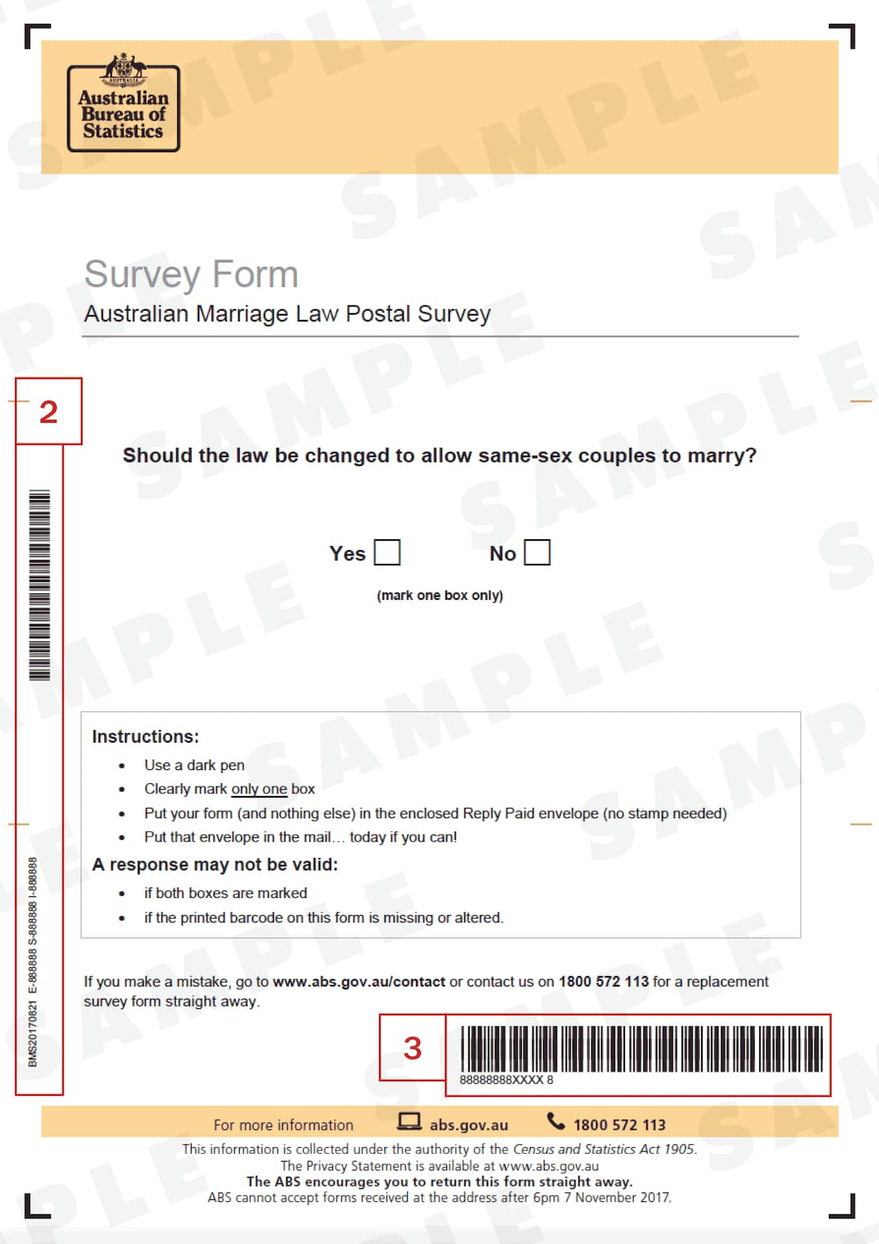 The Australian same-sex marriage postal ballot with the unique barcode.