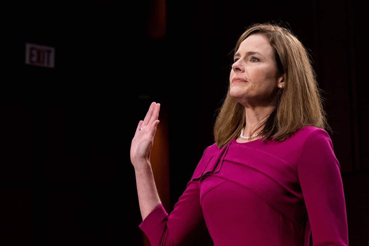 Judge Amy Coney Barrett, is sworn in during the first day of her Senate confirmation hearing to the Supreme Court on Capitol Hill in Washington, DC, USA, 12 October 2020.  