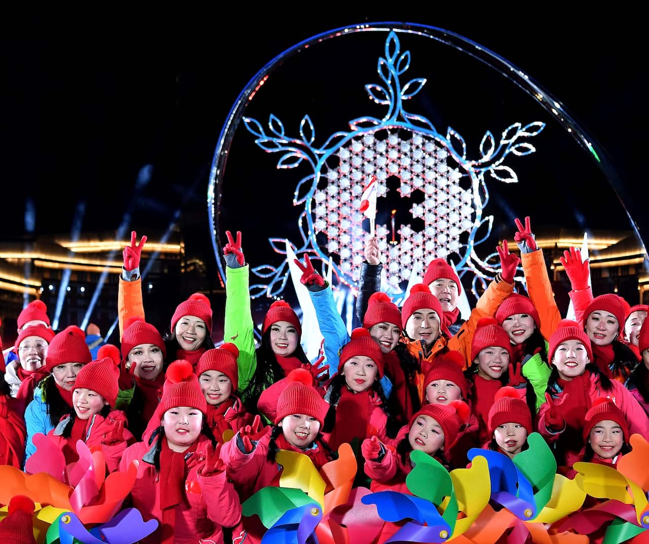 The cauldron burns during the opening ceremony during the 2022 Winter Olympics.