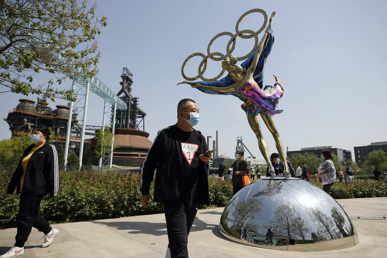 A Winter Olympics figure skating statue at the Shougang Park in Beijing.