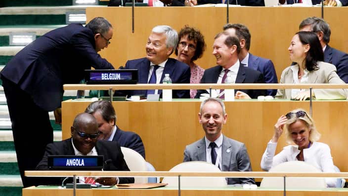 Belgian Foreign Minister Didier Reynders and the Belgian delegation are congratulated after Belgium was elected to one of the five non-permanent seats.