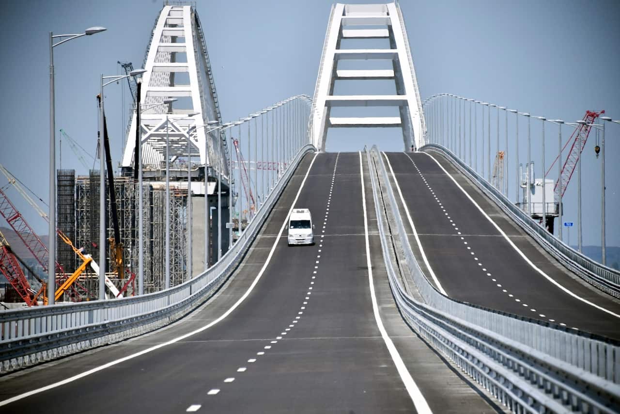 A view of the new bridge linking Russia and the Crimean peninsula prior to its opening ceremony near Kerch, Crimea, Tuesday, May 15, 2018. 
