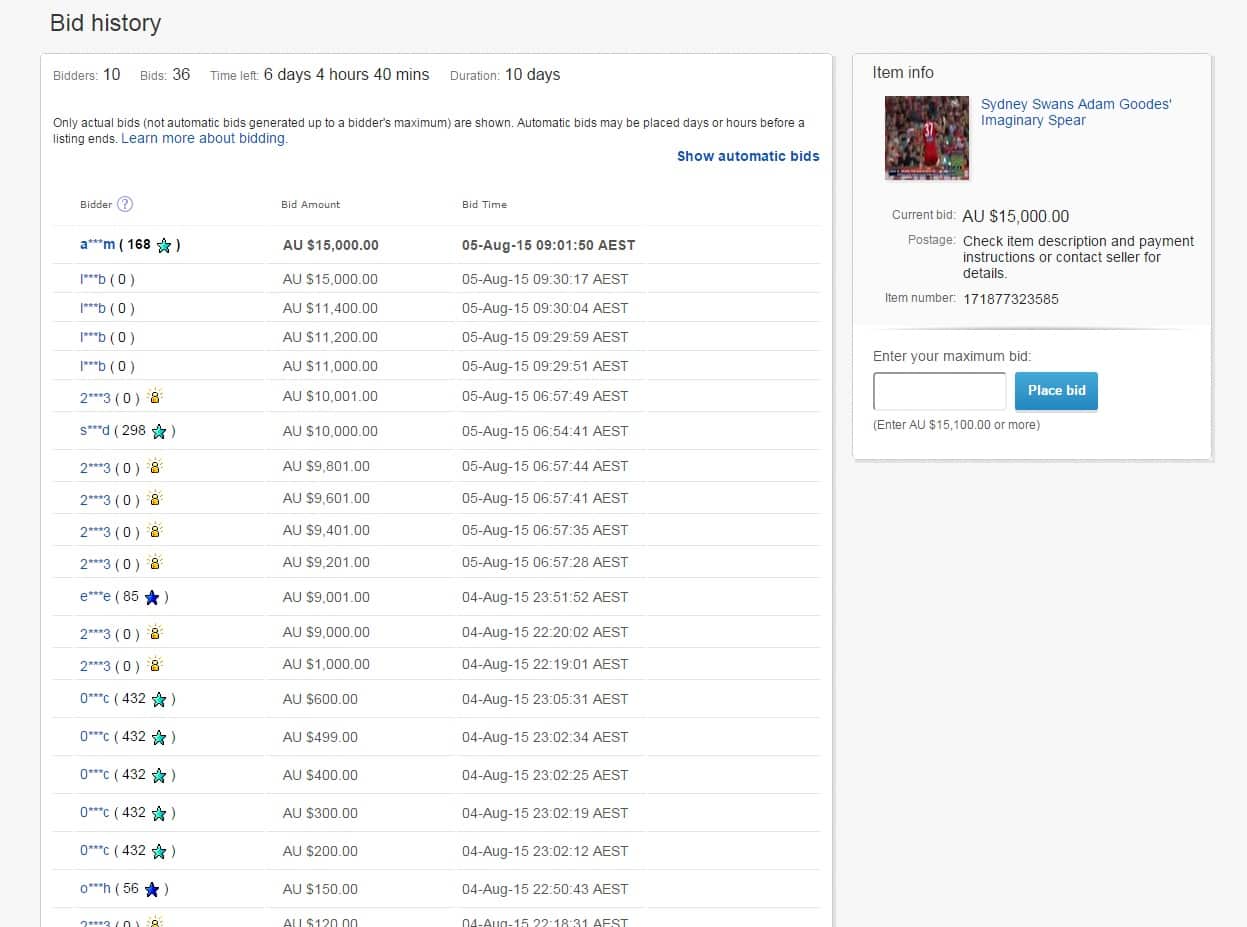 Nine ebay users have started a bidding war, pushing the bidding price to $15,000. 