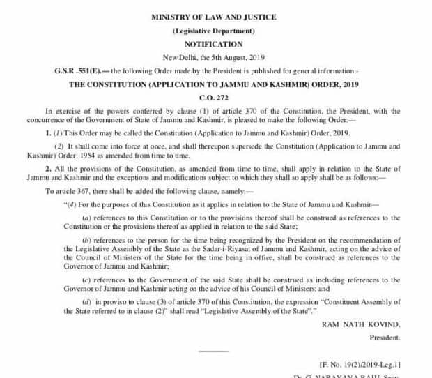 The notification signed by Indian President Ram Nath Kovind.