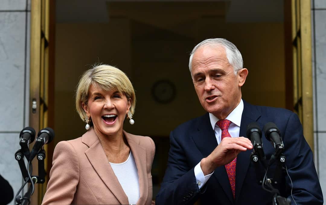 Minister for Foreign Affairs Julie Bishop and Prime Minister Malcolm Turnbull at a press conference at Parliament House in Canberra, Tuesday, August 21, 2018. (AAP Image/Mick Tsikas) NO ARCHIVING