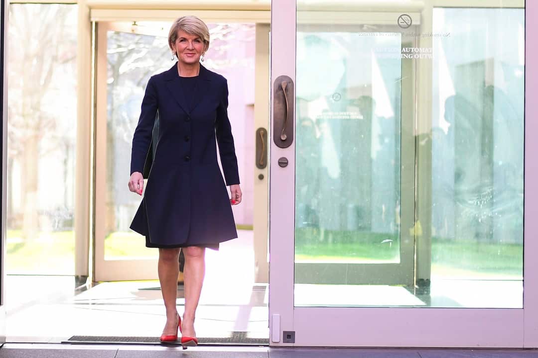Outgoing Foreign Minister Julie Bishop arrives to address questions about her future.