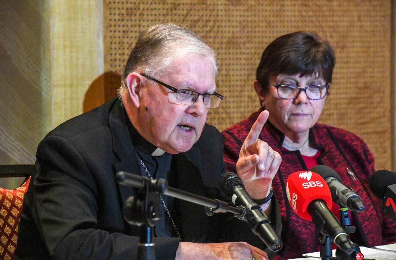 Australian Catholic Bishops Conference president Archbishop Mark Coleridge speaks to the media alongside Catholic Religious Australia president Sister Monica Cavanagh