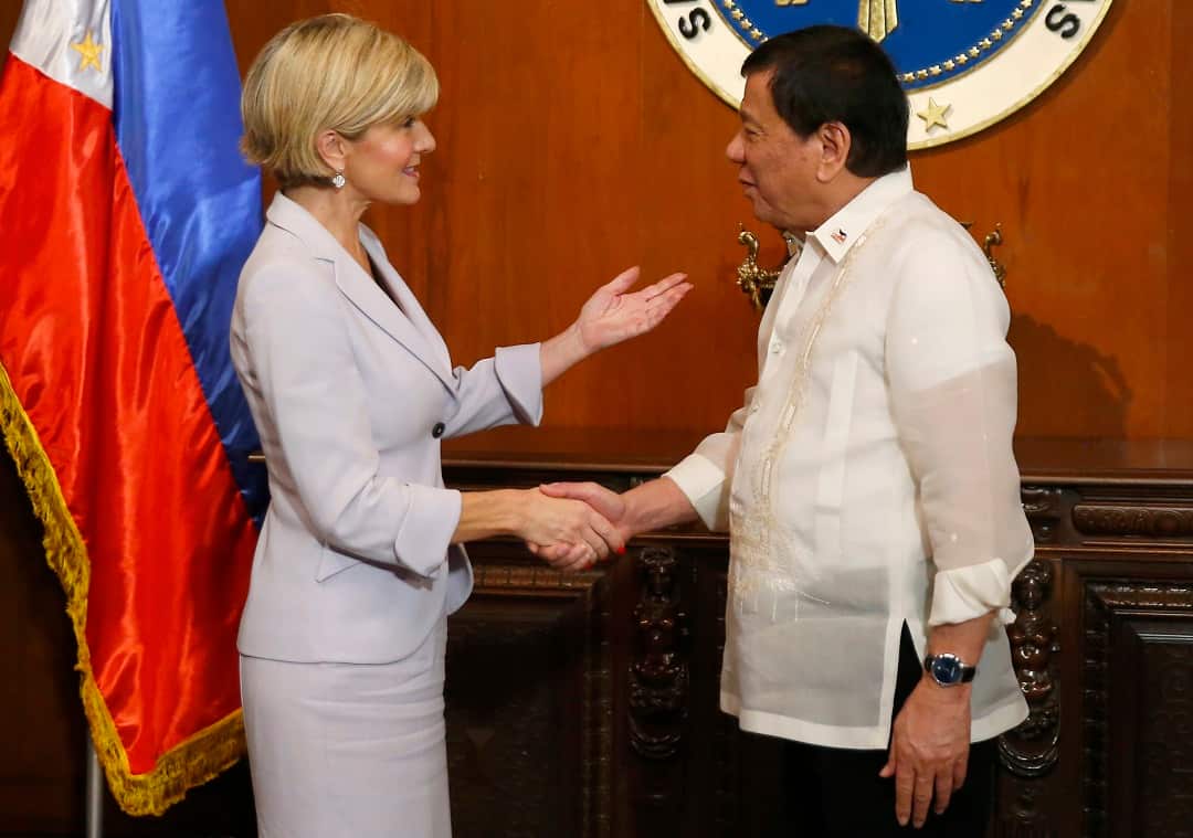 Julie Bishop met with dozens of world leaders in her time as foreign minister, including President Rodrigo Duterte in 2017. 