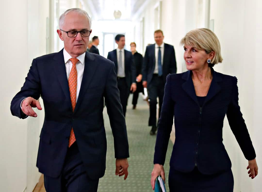 Julie Bishop walked into Friday's Liberal partyroom meeting with Malcolm Turnbull. 