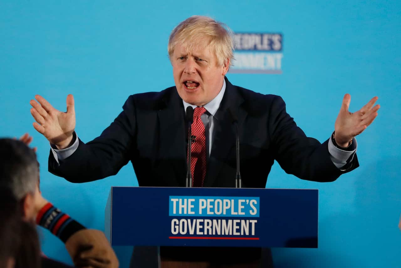 Britain's Prime Minister Boris Johnson speaks to the party faithful after formally claiming victory. 