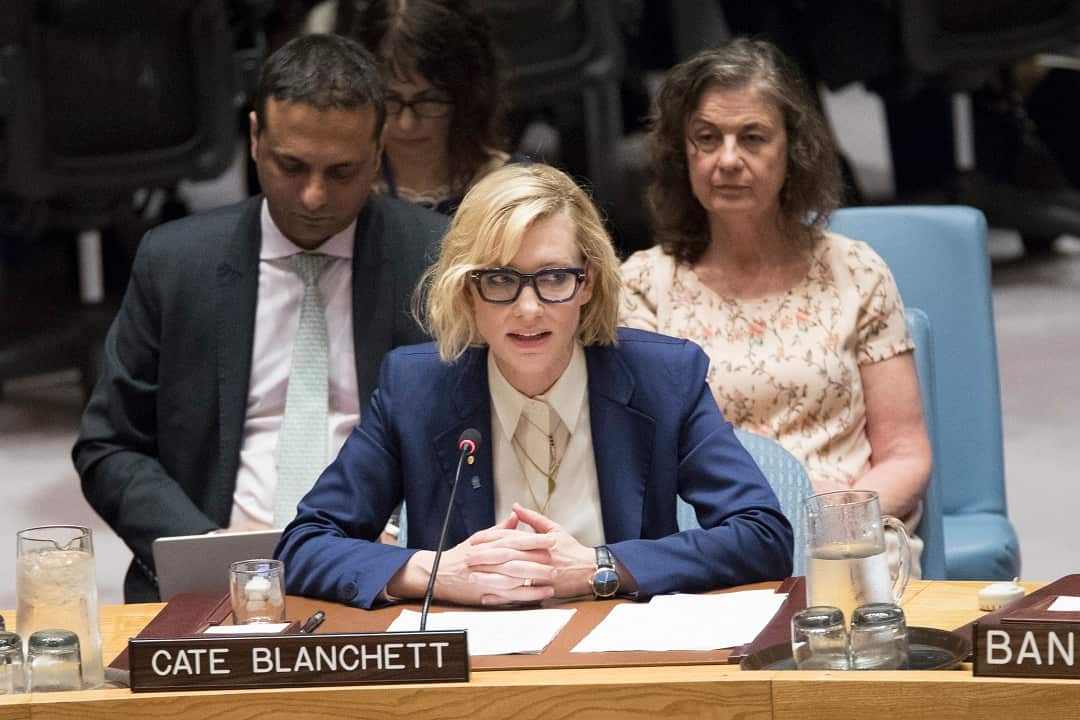 United Nations High Commissioner for Refugees Goodwill Ambassador Cate Blanchett during a Security Council meeting on the situation in the Myanmar, Tuesday, Aug. 28, 2018 at United Nations headquarters. (AP Photo/Mary Altaffer)
