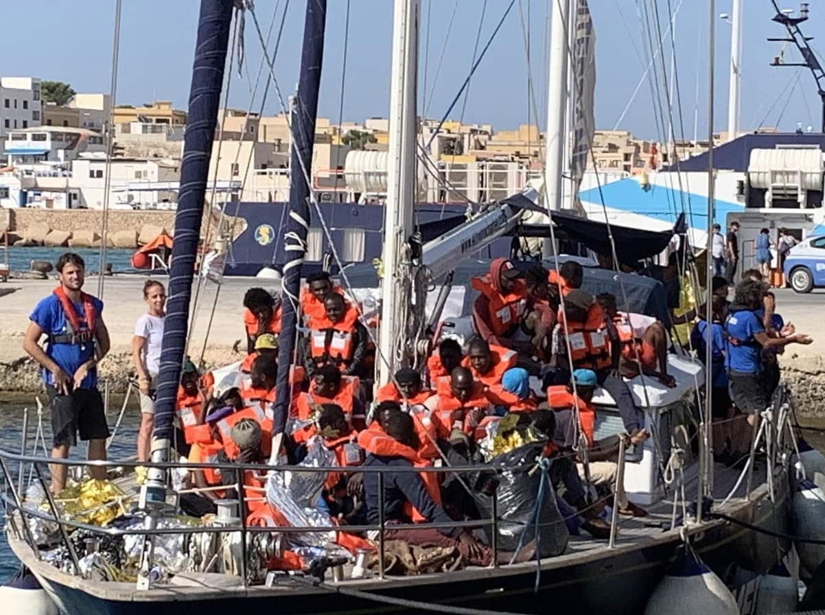 The Italian NGO Mediterranea Saving Humans' Alex migrant rescue ship carrying 46 migrants rescued off Libya coasts, docks in the port of Lampedusa