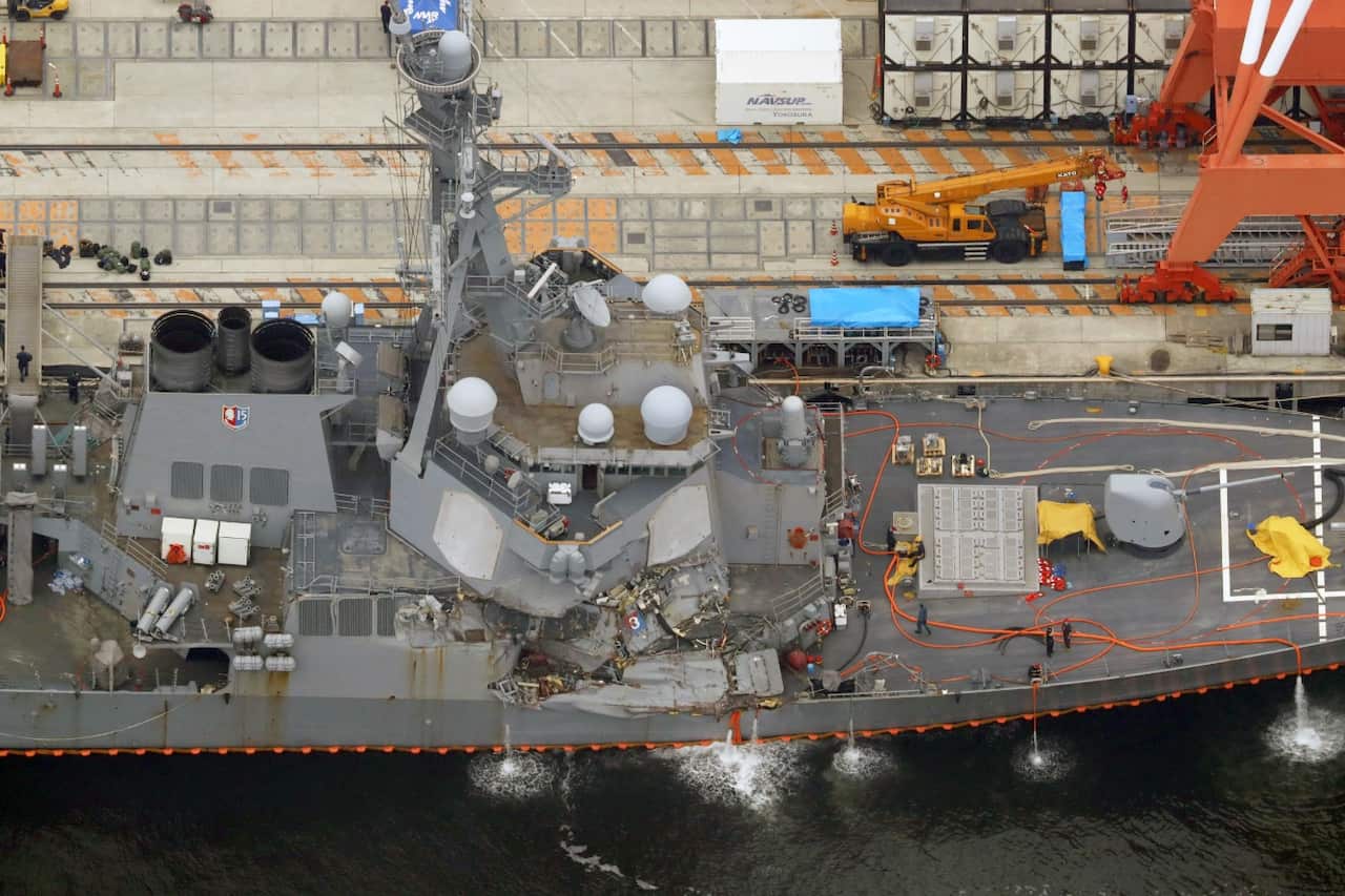 The damaged US Navy destroyer USS Fitzgerald is seen berthing at Yokosuka Naval Base in Yokosuka, south of Tokyo, Japan, 18 June 2017. 