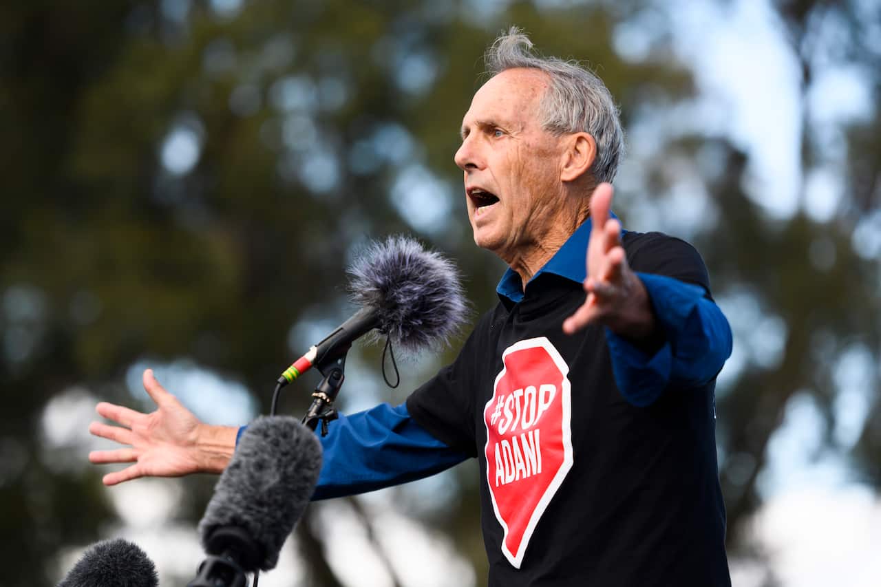 Bob Brown addresses protesters outside Parliament House.