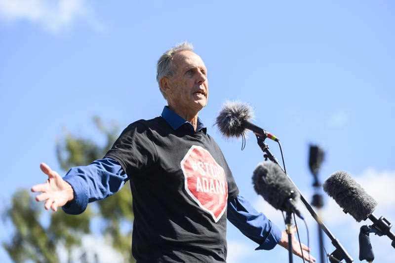 Bob Brown speaks during the anti-Adani Rally outside Parliament House in Canberra.