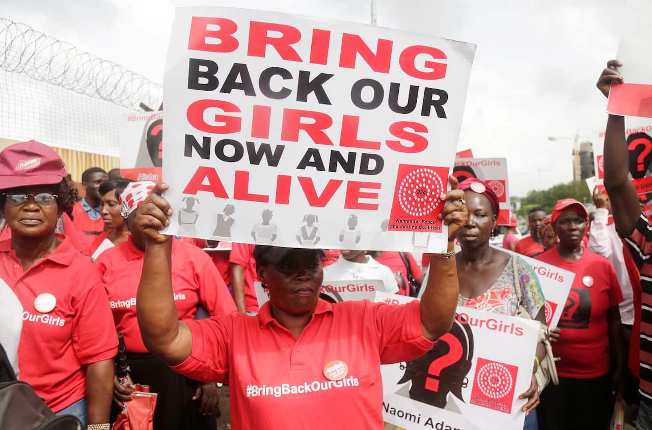 Bring back our girls campaigners chant slogans during a protest calling on the government to rescue the kidnapped girls from the Boko Haram militants.
