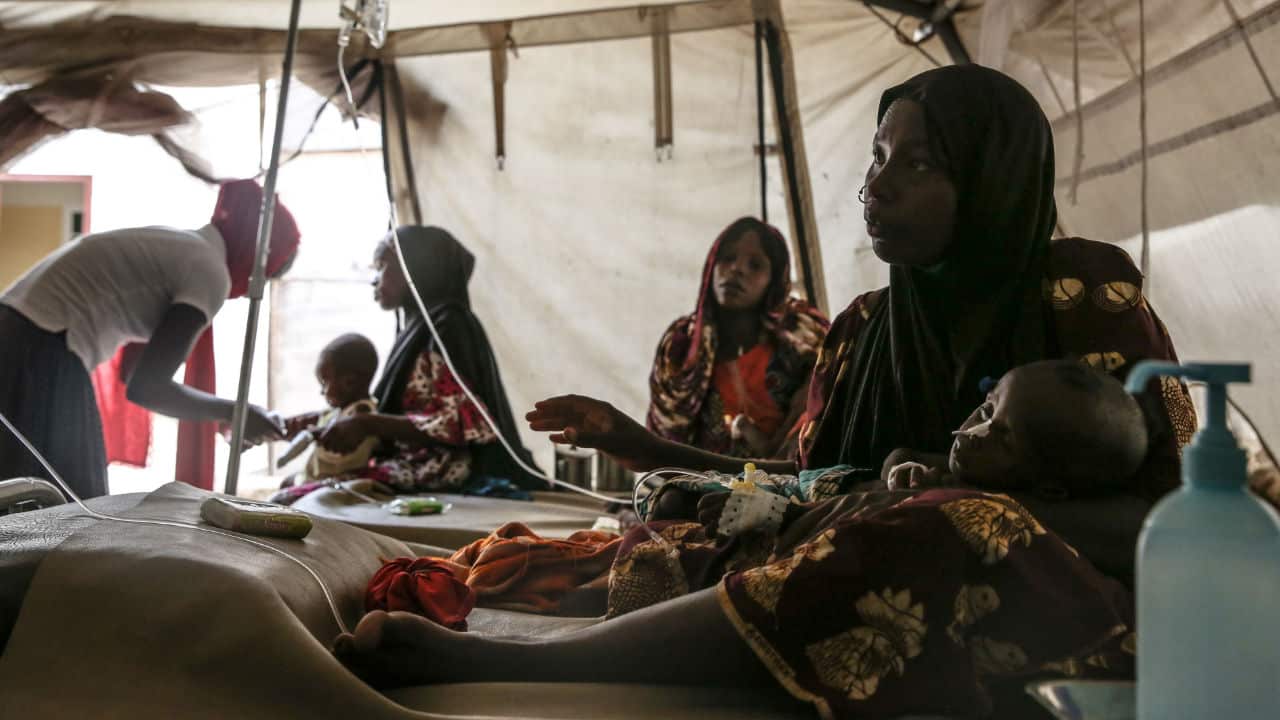 Malnourished children receive treatment in a MSF medical centre in Maiduguri, Nigeria. Most are from families displaced by Boko Haram.