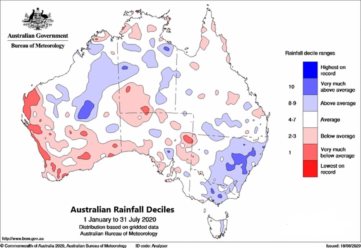 Rainfall deciles from January 1, 2020 to July 31, 2020, showing the impact of recent rainfall across Australia.