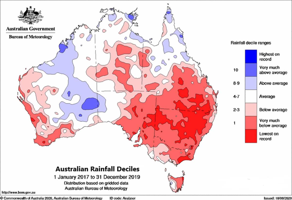 Rainfall deciles from January 2017 to December 2019 showing the depth of longer-term rainfall deficiencies over large areas.