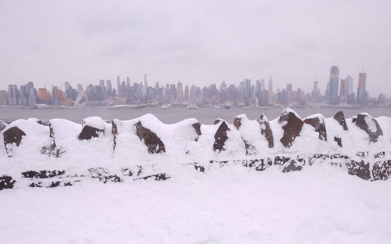 NYC skyline during a snow storm on January 4, 2018 at Hamilton Park in Weehawken, New Jersey