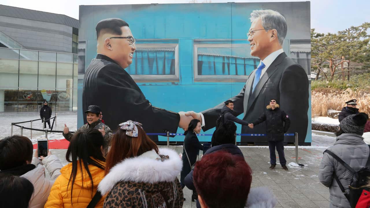 An image of North Korean leader Kim Jong Un and South Korean President Moon Jae-in at a park near the presidential Blue House in Seoul.