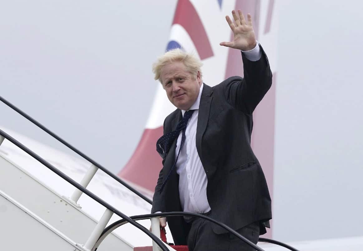 UK Prime Minister Boris Johnson boards a plane bound for Washington where he will meet with US President Joe Biden and Australian Prime Minister Scott Morrison.