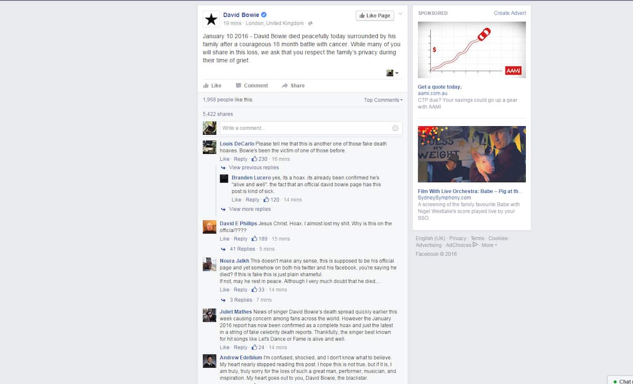 Comments below the announcement on David Bowie's official Facebook page.