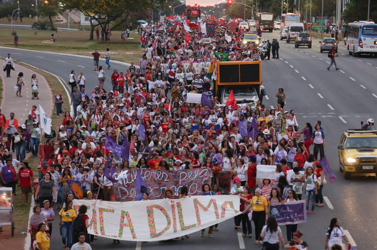 Protesters march in support of Dilma Rousseff, Brazil's president, towards the Congress in Brasilia, Brazil (Getty)