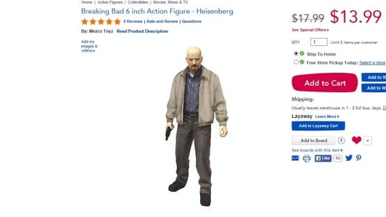 Action figure of fictional drug dealer Walter White in hit TV show 'Breaking Bad' being advertised on the Toys'R'Us website. (Screenshot: Toys'R'Us)