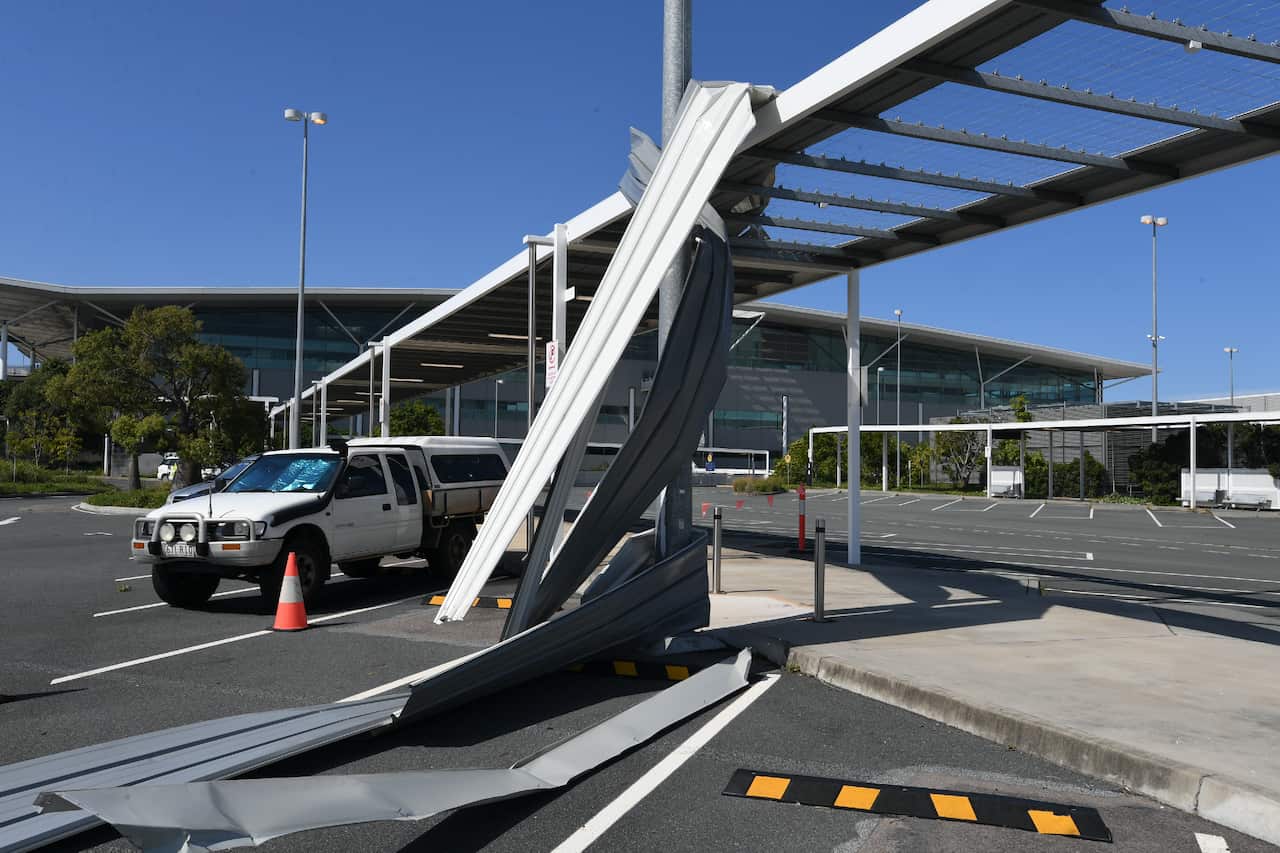 Damage to a walkway roof at Brisbane International Airport.