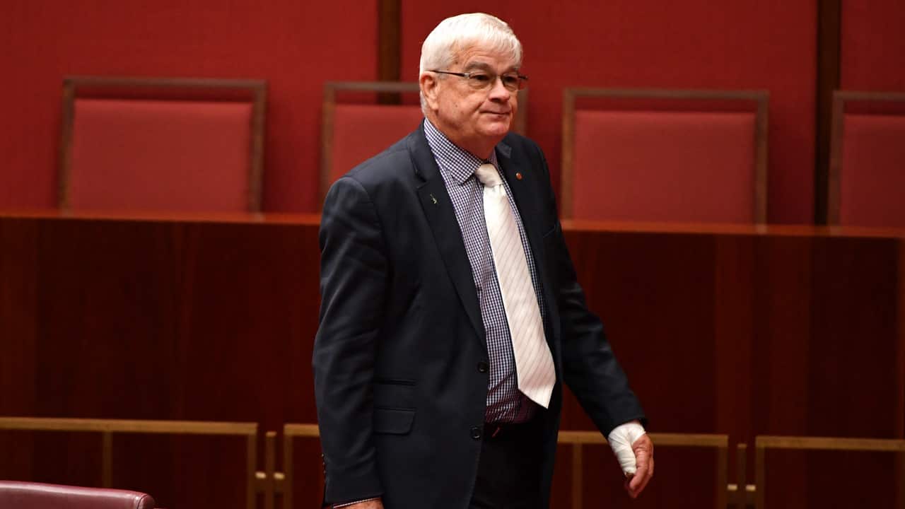 United Australia Party Senator Brian Burston with a bandaged left hand in the Senate chamber.