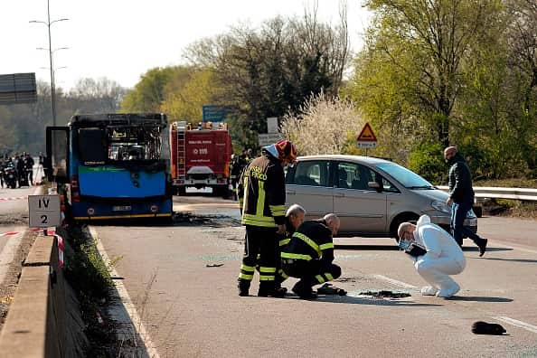 Italian police rescued some 50 children from the bus before it was gutted by flame.