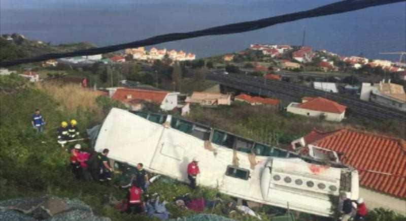 The bus carrying 55 people rolled down a steep hillside after veering off the road on a bend.