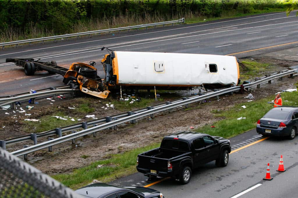 A school bus on Interstate 80 following an accident with a garbage truck on May 17, 2018 in Mount Olive Township.