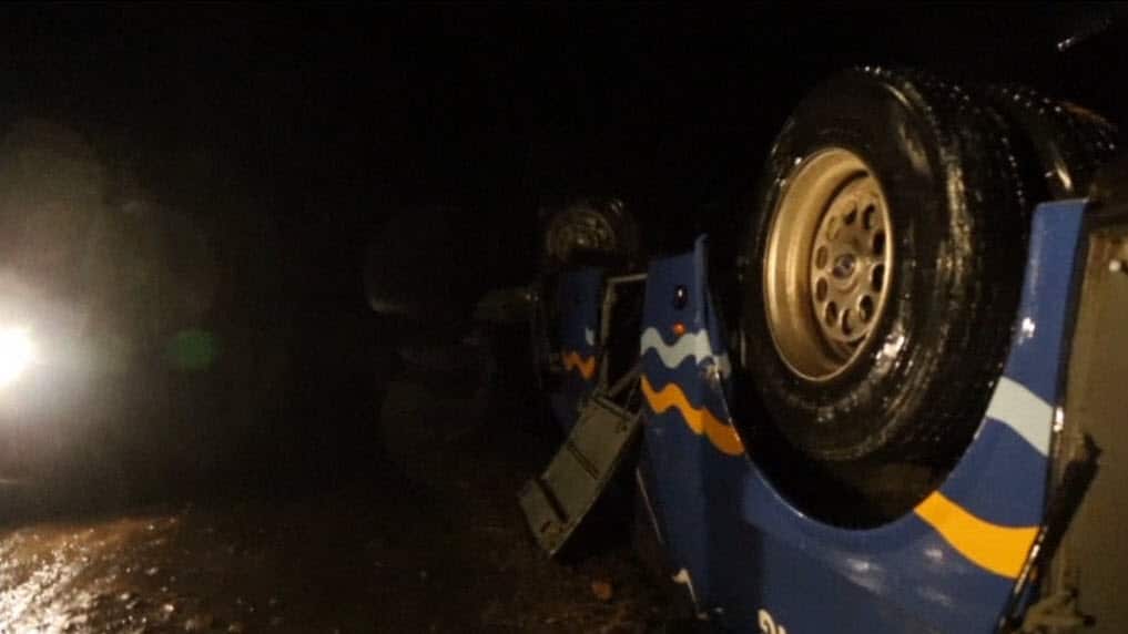 The upturned tour bus in North Korea. 
