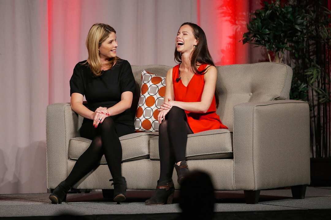 Former First Daughters Barbara Bush, right, and Jenna Bush Hager, talk in Omaha, Neb., Wednesday, Oct. 29, 2014, during an appearance as feature speakers at the Girls Inc. fundraiser luncheon. (AP Photo/Nati Harnik)