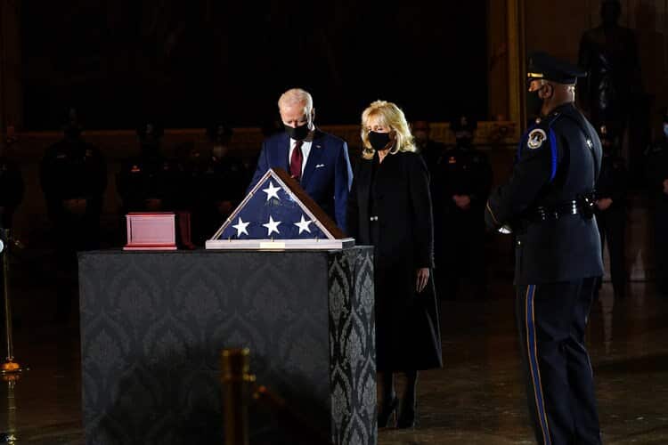 Joe and Jill Biden pay their respects to Brian Sicknick, the officer fatally injured in the 6 January US Capitol riot.
