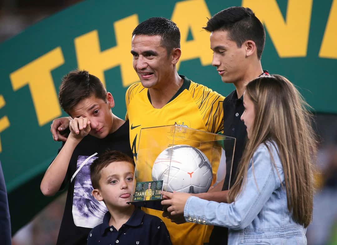 Australia's Tim Cahill with his family after his final match as a Socceroo.