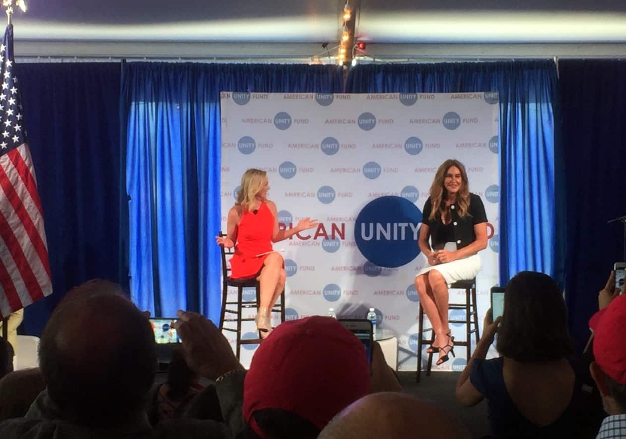 Caitlyn Jenner, right, speaks at an American Unity Fund brunch at the Rock and Roll Hall of Fame in Cleveland on July 20, 2016, 