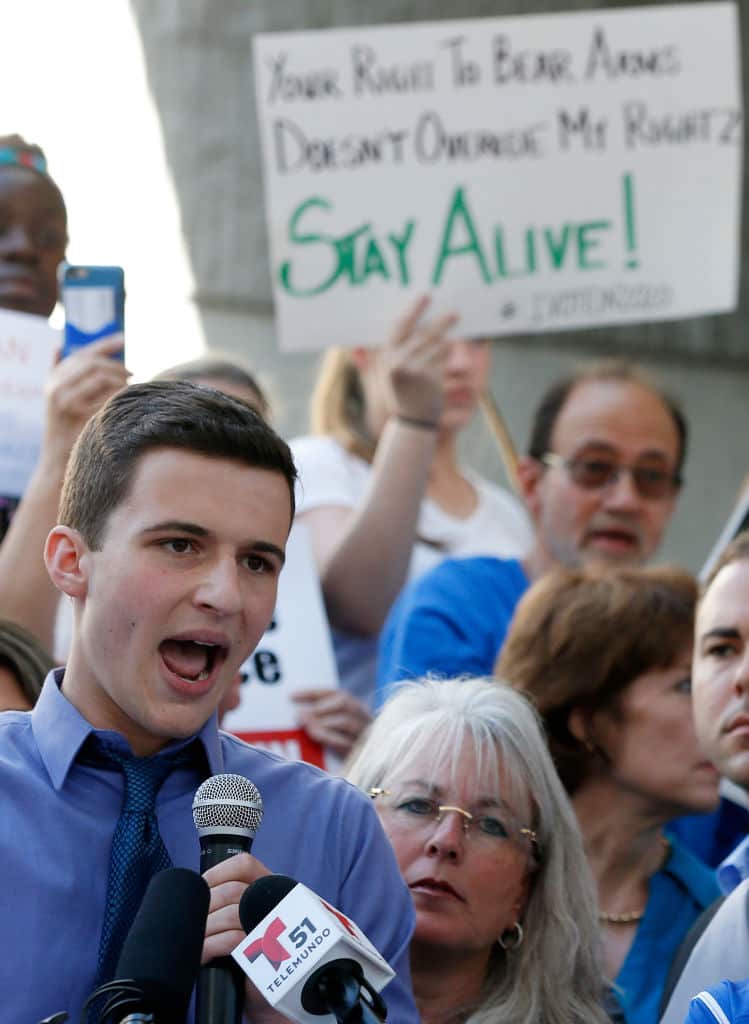 Marjory Stoneman Douglas High School student Cameron Kasky speaks at a rally for gun control at the Broward County Federal Courthouse in Fort Lauderdale.