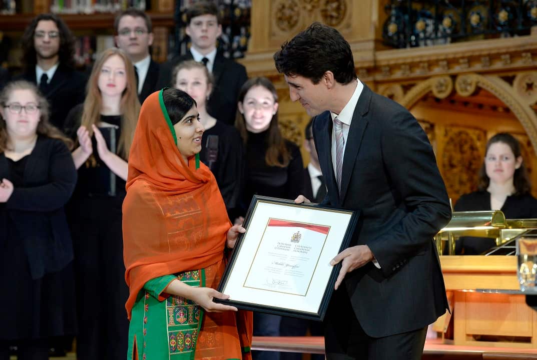 2017: Malala Yousafzai is presented with an honorary Canadian citizenship by Prime Minister Justin Trudeau.