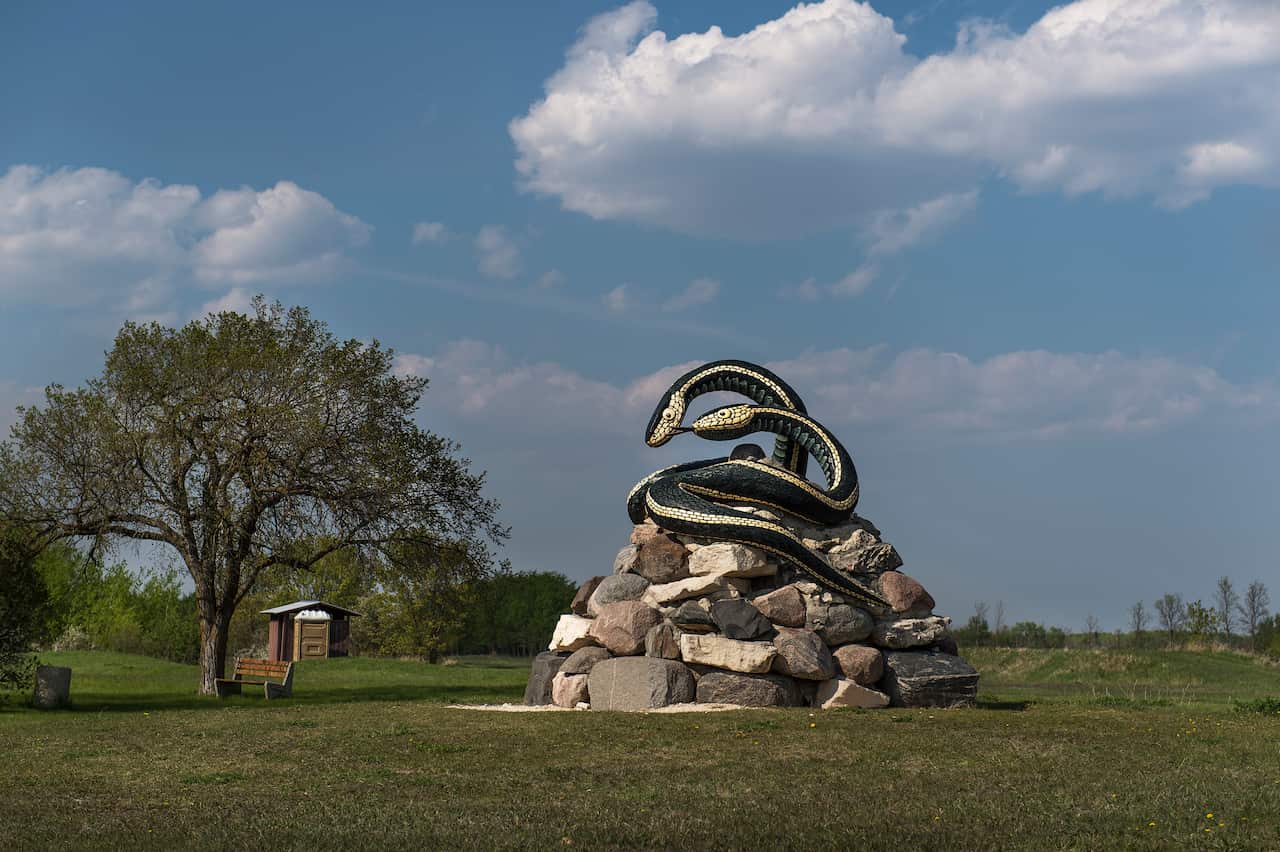A statue of two entwined red sided garter snakes, named Sara and Sam, in the hamlet of Inwood, Canada.