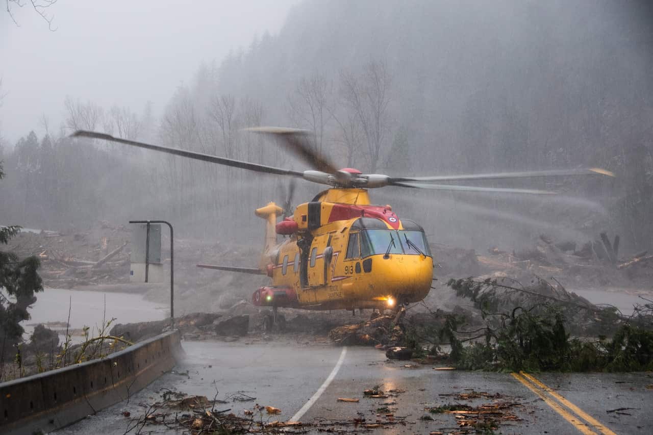 The Royal Canadian Air Force undergoing rescue operations following flooding caused by days of rain in British Columbia.