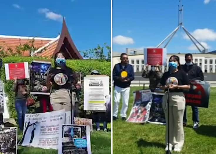 Australian Alliance for Thai democracy protests in Canberra at the Thai embassy (L) and Parliament House (R)