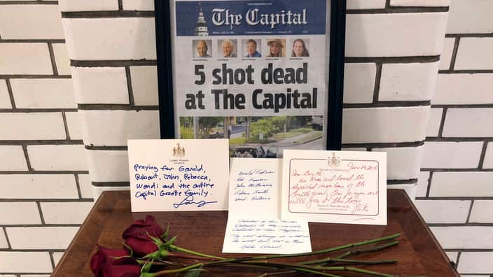 Letters and flowers forming a memorial at the State House, in Annapolis, Maryland.