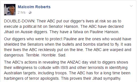 Malcolm Roberts Facebook post